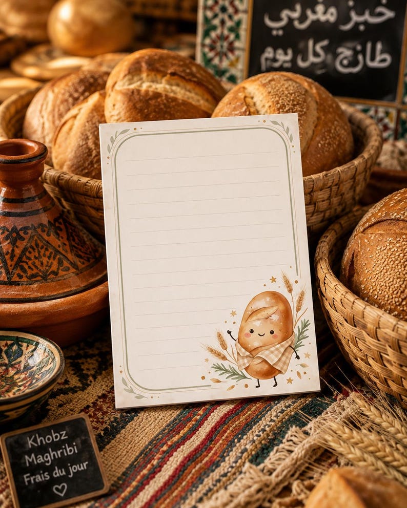 May include: A rectangular notepad with horizontal lines and a light green border. The bottom right corner features a cartoon illustration of a smiling bread loaf wearing a checkered apron, surrounded by wheat stalks and small golden stars.