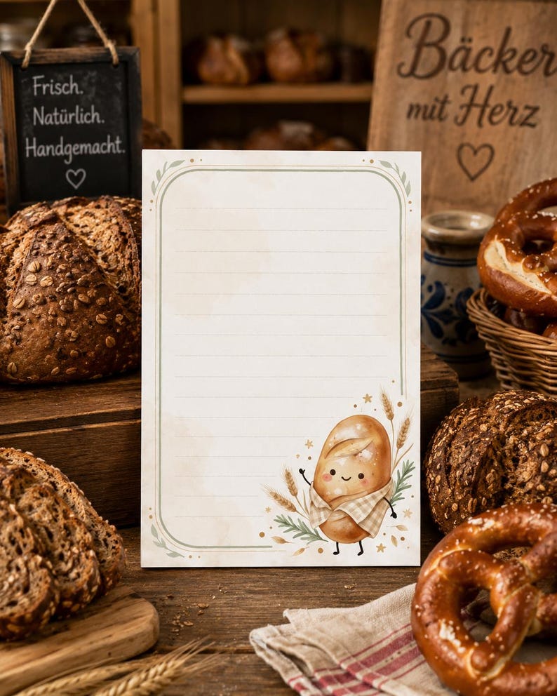May include: A rectangular piece of stationery paper featuring horizontal lines and a rounded green border. The bottom right corner displays a cartoon illustration of a smiling loaf of bread wearing a checkered scarf, surrounded by wheat stalks.