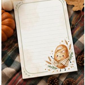 May include: A rectangular notepad with horizontal lines and a rounded green border. The bottom right corner features a cartoon illustration of a smiling loaf of bread wearing a checkered scarf, surrounded by wheat stalks and small golden stars.
