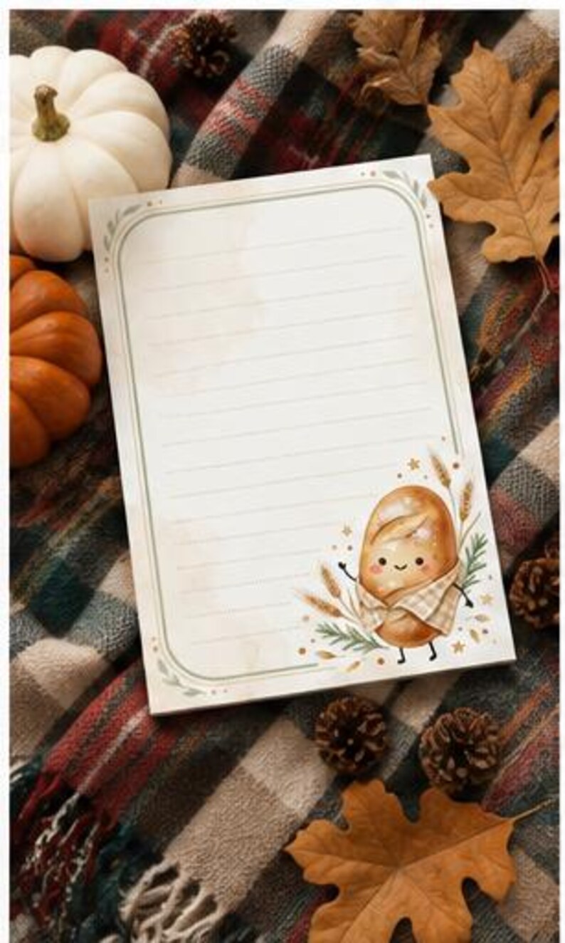 May include: A rectangular notepad with horizontal lines and a rounded green border. The bottom right corner features a cartoon illustration of a smiling loaf of bread wearing a checkered scarf, surrounded by wheat stalks and small golden stars.