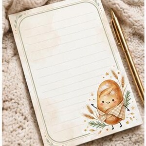 May include: A rectangular notepad with horizontal lines and a decorative border featuring a cartoon bread loaf character, wheat stalks, and small stars. The notepad is cream-colored with a gold-toned pen resting alongside it on a textured surface.