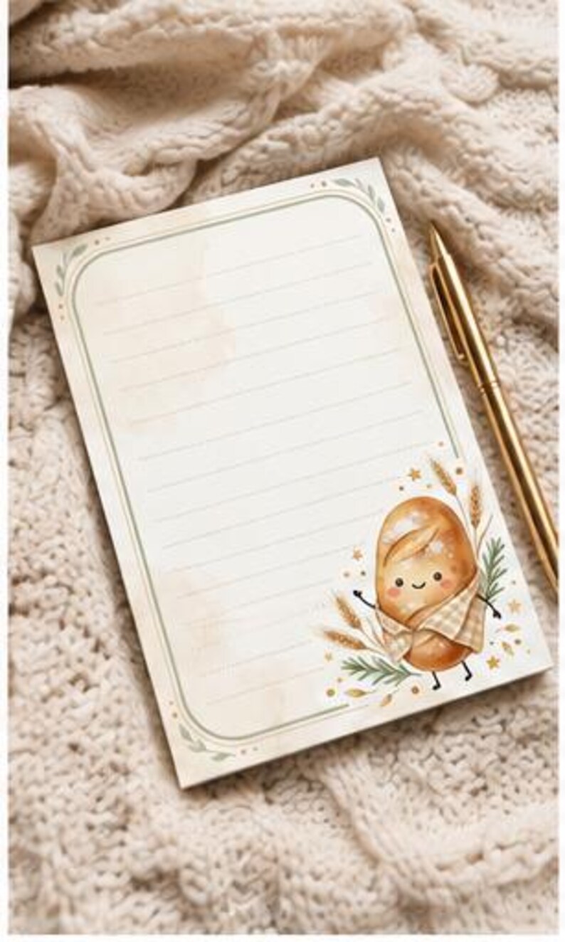 May include: A rectangular notepad with horizontal lines and a decorative border featuring a cartoon bread loaf character, wheat stalks, and small stars. The notepad is cream-colored with a gold-toned pen resting alongside it on a textured surface.