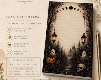 Gothic Halloween Notepad, Witchy Moon Phase Ghost Memo Pad, Haunted Forest Stationery for Lists, Journaling and Spells