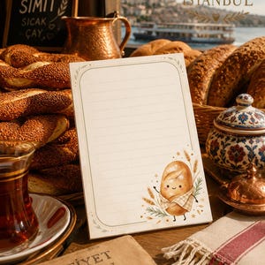 May include: A rectangular notepad with horizontal lines, featuring a decorative border and a cartoon illustration of a smiling bread roll in the bottom right corner. The notepad is surrounded by a basket of bread, a glass of tea, and a napkin.