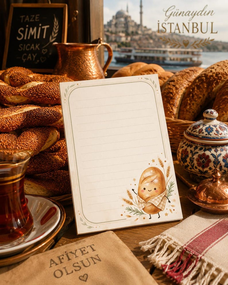May include: A rectangular notepad with horizontal lines, featuring a decorative border and a cartoon illustration of a smiling bread roll in the bottom right corner. The notepad is surrounded by a basket of bread, a glass of tea, and a napkin.