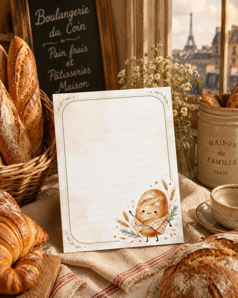 May include: A rectangular stationery sheet with horizontal lines and a sage green border. The bottom right corner features a cartoon illustration of a smiling bread loaf wearing a checkered apron, surrounded by wheat stalks and small stars.