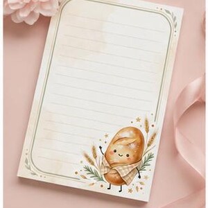 May include: A rectangular notepad with horizontal lines and rounded corners, featuring a watercolor illustration of a smiling loaf of bread wrapped in a checkered cloth, surrounded by wheat stalks and small gold stars on a cream-colored background.