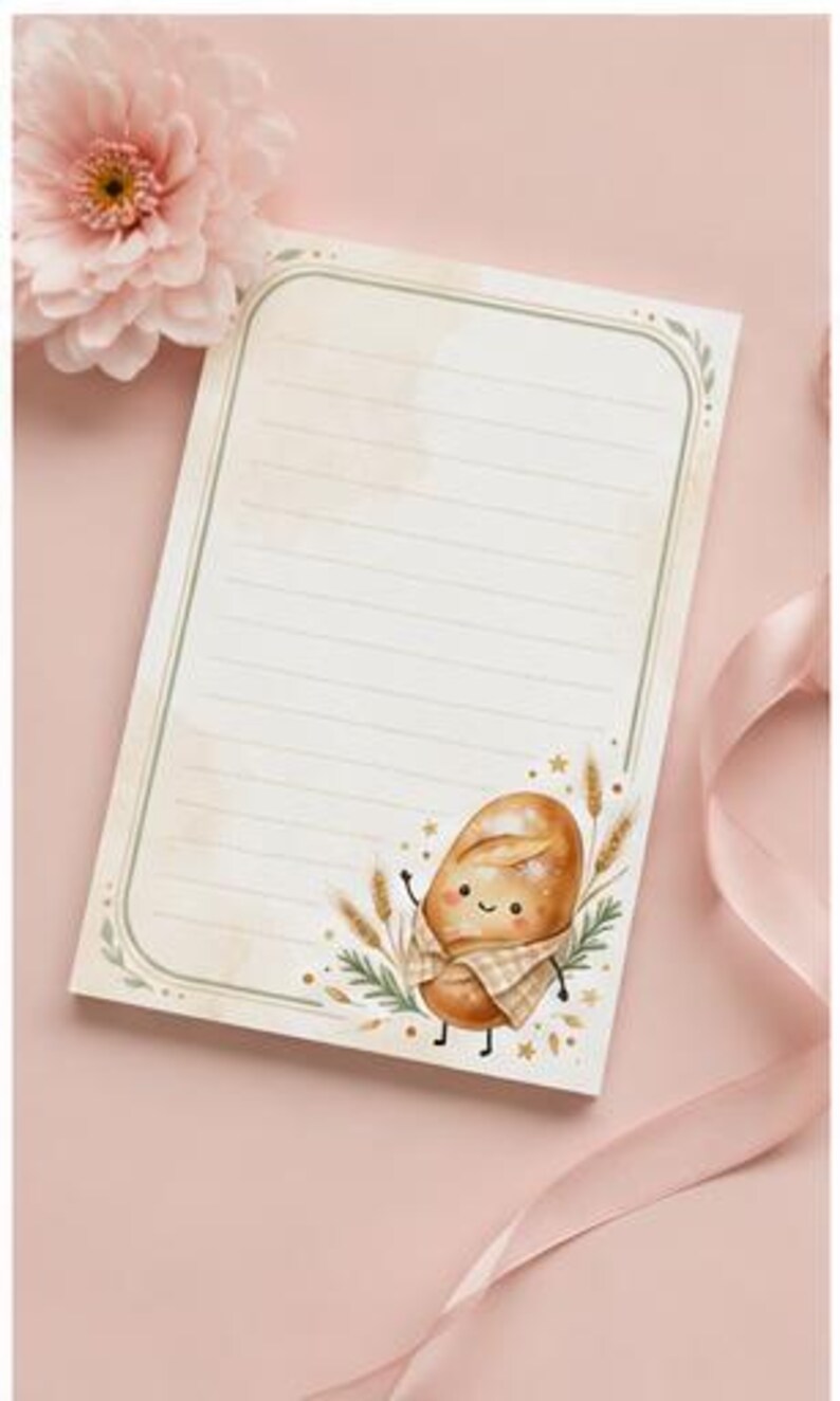 May include: A rectangular notepad with horizontal lines and rounded corners, featuring a watercolor illustration of a smiling loaf of bread wrapped in a checkered cloth, surrounded by wheat stalks and small gold stars on a cream-colored background.