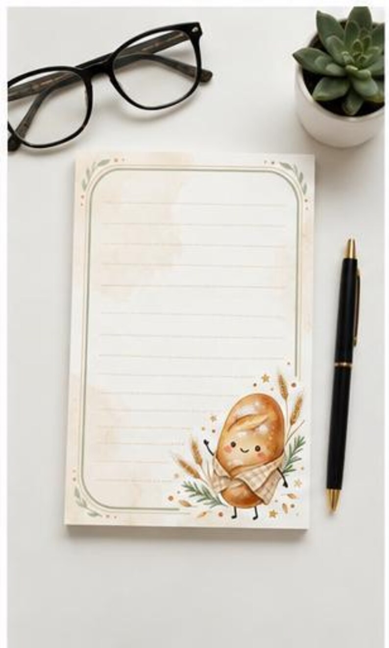 May include: A rectangular notepad with horizontal lines and a decorative border. The bottom right corner features a cartoon illustration of a smiling loaf of bread wrapped in a checkered cloth, surrounded by wheat stalks and small golden stars.