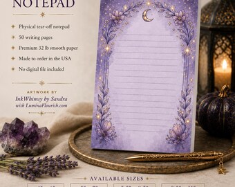 Lavender Moon Notepad, Whimsical Purple Floral Memo Pad, Gothic Celestial Stationery for Journaling, Lists, Spells & Witchy Gifts