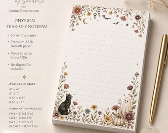 Halloween Notepad, Whimsical Gothic Floral Memo Pad with Black Cat, Ghost, Bats & Moon for Lists, Journaling and Witchy Gifts
