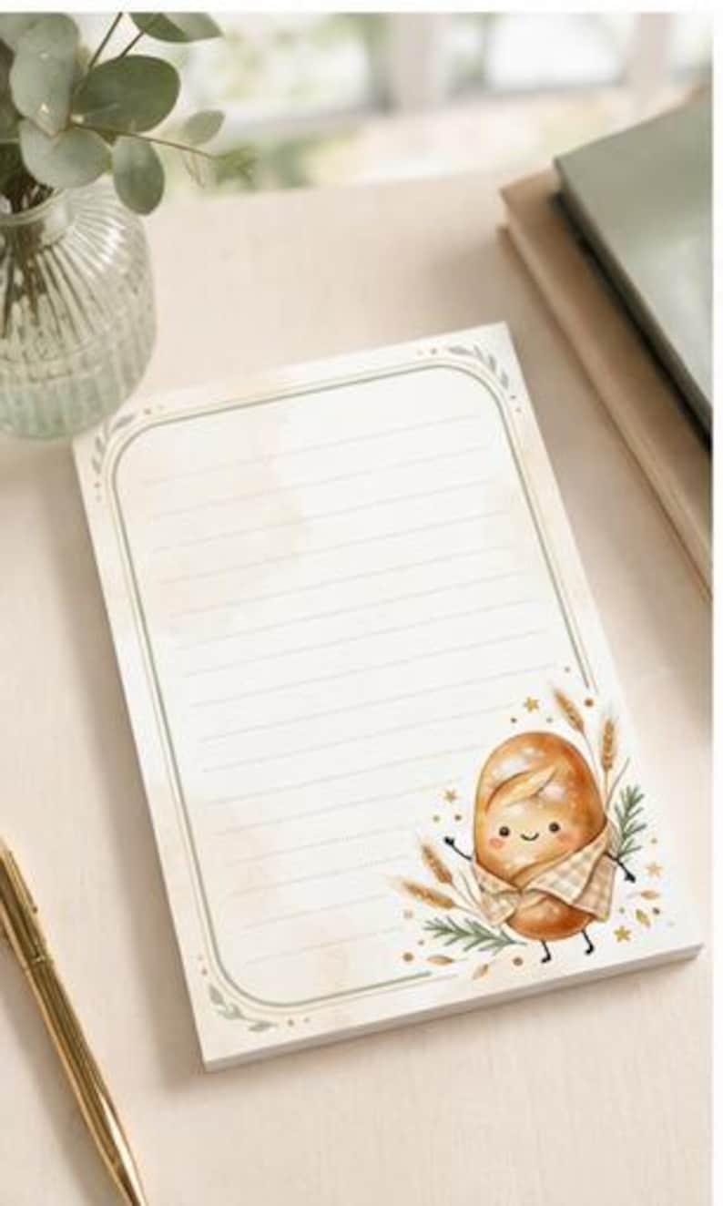 May include: A rectangular notepad featuring horizontal lines and a decorative border in muted green tones. The bottom right corner displays a whimsical illustration of a smiling loaf of bread wrapped in a checkered cloth, surrounded by wheat stalks.