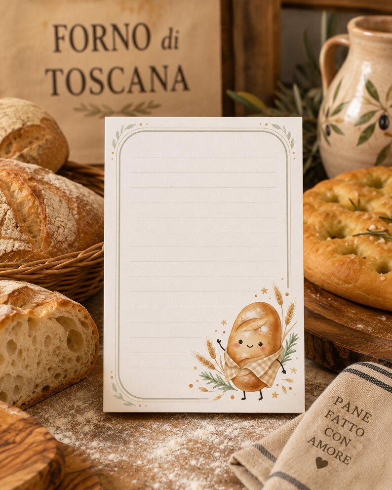 May include: A rectangular notepad with horizontal lines and a decorative border featuring a cute cartoon bread character wearing a checkered apron, surrounded by wheat stalks and green leaves, set against a light cream background.