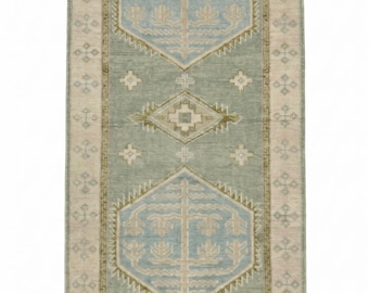 Mutiger Salbeigrüner Wollläufer Teppich Vintage Style Langer Flur Traditionell Inspiriertes Luxusdekor
