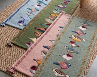 Läuferteppich aus Wolle mit Vogelmotiv, handgefertigter Flurteppich, Küchenteppich, verspielter Treppenläufer