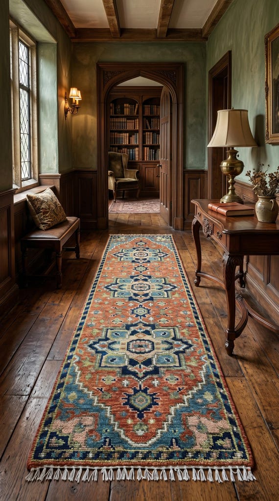 Rust Blue Vintage Style Runner Rug | Handmade Wool Hallway Runner | Narrow Kitchen Stair Carpet