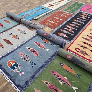 Hand Knotted Wool Runner Rug, Colorful Koi Fish, Modern Boho Hallway Carpet