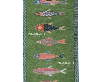 Tapis de passage poissons koi : tapis fait main en laine vert coloré