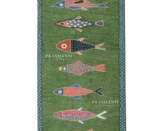 Koi Fish Runner Rug: Green Colorful Carpet Handmade Wool Area Rug