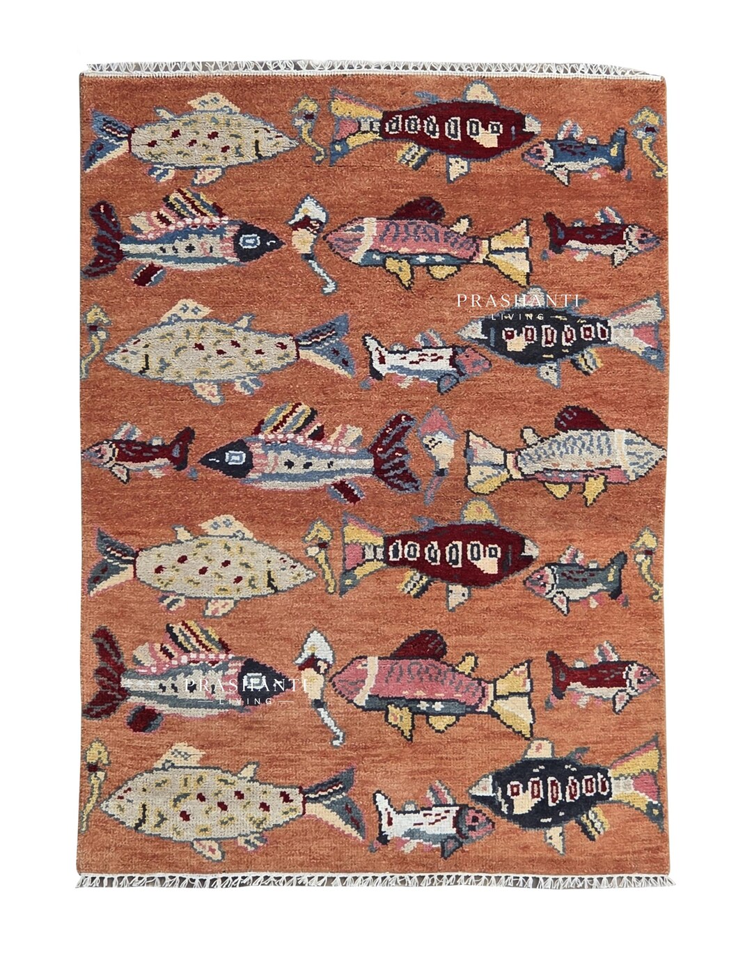Hand Knotted Wool Rug: Terracotta Fish Pattern Coastal Carpet – Nursery ...