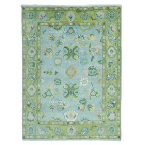 Op de afbeelding: Een rechthoekig tapijt met een lichtblauw veld en een groene rand. Het tapijt heeft bloemen en geometrische patronen in groen, blauw en beige. De tekst "PRASHANTI" is zichtbaar.