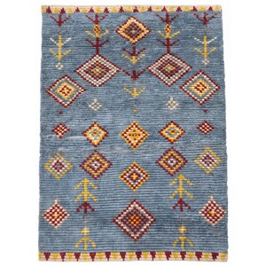 Blue Moroccan Rug, Hand Knotted Wool Rug, Boujaad Berber Style Diamond Pattern, Vintage Boho Area Rug, Living Room Bedroom Rug