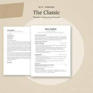 May include: A professional resume template titled "The Classic" with a light beige background. The resume is displayed on two white pages with black text. The text includes the name "Mary English" and sections for professional experience and skills.