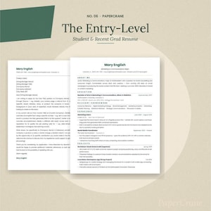 May include: A student resume template titled "The Entry-Level" with the name "Mary English" visible. The resume is on white paper with black text, set against a beige background with a green accent.