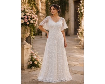 Brautkleid im Stil der 1920er Jahre mit Spitze, A-Linien-Muster und Blumenmuster | Boho-Strandbrautkleid mit flatternden Ärmeln | Schlichtes Kleid