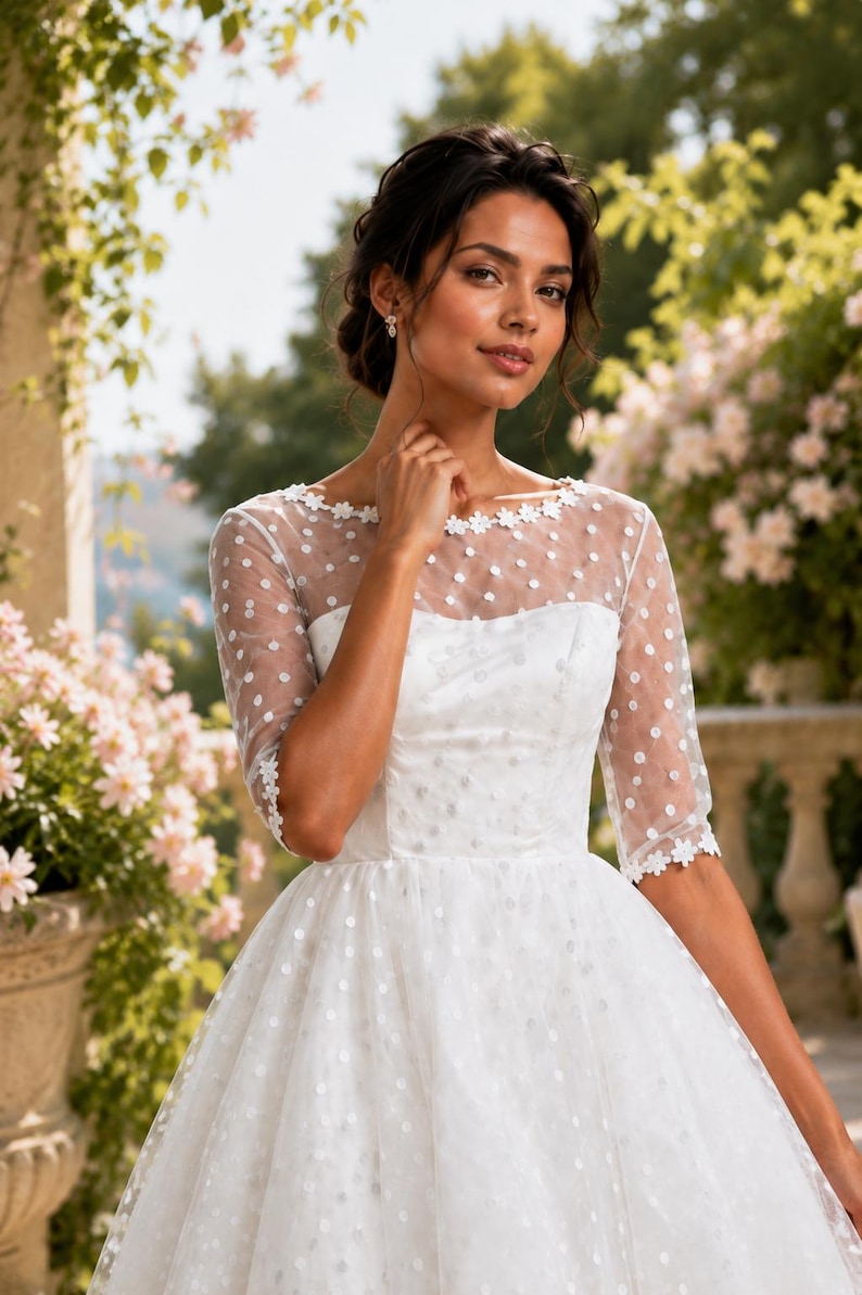 Robe de mariee midi a pois annees 50 manches tulle