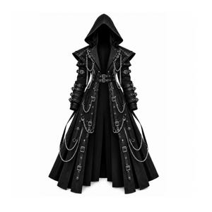 May include: A black hooded long coat featuring multiple silver-toned metal buckles, straps, and decorative chains draped across the front and sleeves. The garment has structured shoulders, a flared hemline, and a series of vertical panels.