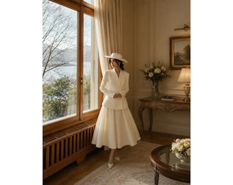 Modernes Brautkleid-Set in Elfenbein: Zweiteiliger Rockanzug mit tailliertem Ein-Knopf-Blazer und plissiertem Midirock | Klassisches Design neu interpretiert