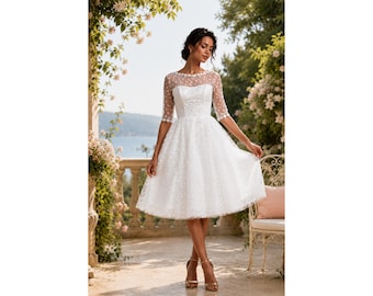 Abito da sposa midi a trapezio a pois anni '50 / Maniche in tulle, abito da sposa retrò