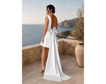 ALB london Inspired Satin Wedding Dress with Detachable Bow | Mini Bridal Reception Gown