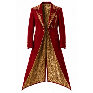 May include: A long, deep red coat featuring gold embroidery on the lapels and a gold patterned lining. The coat includes a single gold button closure, gold buttons on the cuffs, and a decorative gold chain accessory attached to the left lapel.