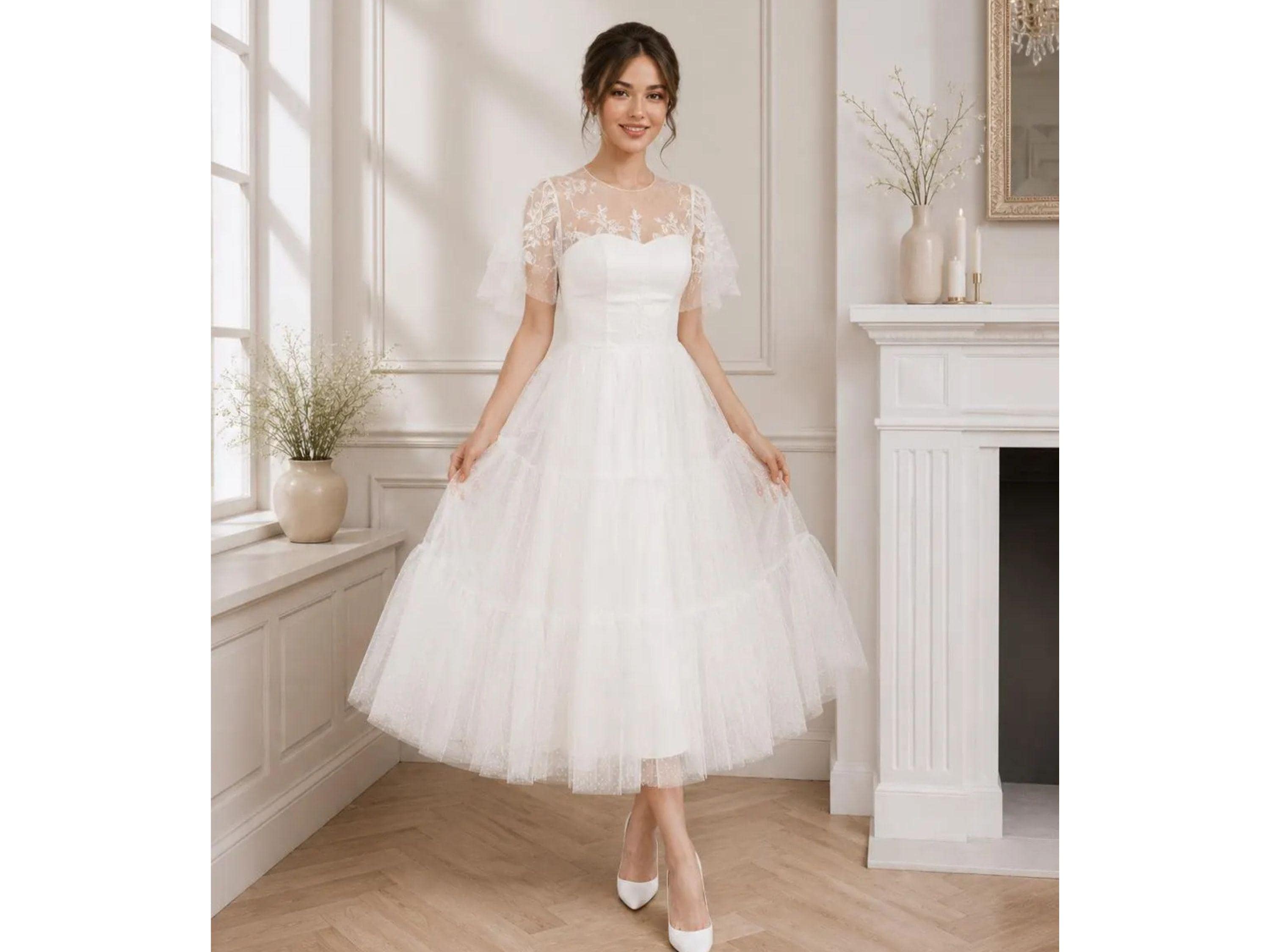 fairy wedding dress short Fairy Long Ivory V-Neck A-Line Wedding Dress with Appliques and Short Sleeves main image 1