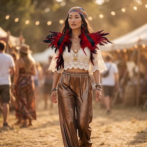 Op de afbeelding: Een witte kanten crop top met klokmouwen, een metallic bronzen broek met wijde pijpen en een schouderstuk van rode en zwarte veren. De outfit bevat een gelaagde gouden ketting met hangers, gestapelde armbanden en een kleurrijke hoofddoek met patroon.
