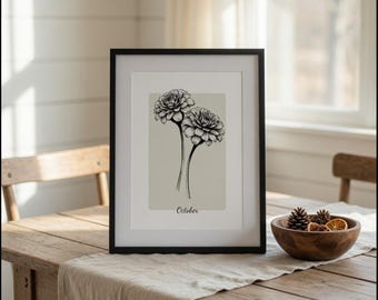 Impressão minimalista da flor de nascimento de outubro | Arte de parede com calêndula para download digital | Decoração neutra para casa