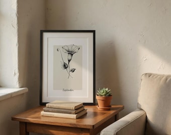 Impressão minimalista da flor de nascimento de setembro | Arte de parede Morning Glory para download digital | Decoração neutra para casa