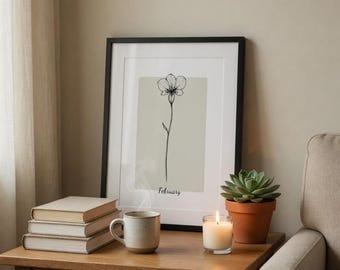 Impressão minimalista da flor de nascimento de fevereiro | Arte de parede violeta para download digital | Decoração neutra para casa