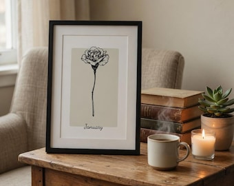 Impressão minimalista da flor de nascimento de janeiro | Arte de parede com cravo para download digital | Decoração neutra para casa