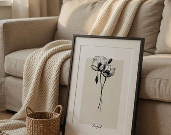 Impressão minimalista da flor de nascimento de agosto | Arte de parede com papoula para download digital | Decoração neutra para casa