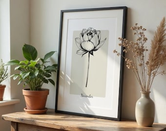Minimalist November Birth Flower Print | Peony Wall Art Digital Download | Neutral Home Decor