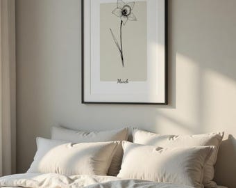 Impressão minimalista da flor de nascimento de março | Arte de parede com narcisos para download digital | Decoração neutra para casa