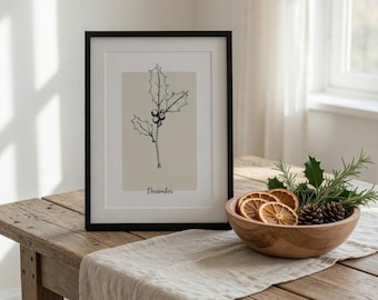 Impressão minimalista da flor de nascimento de dezembro | Arte de parede com azevinho para download digital | Decoração neutra para casa