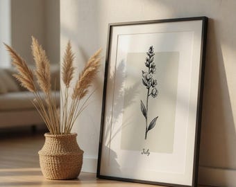 Impressão minimalista da flor de nascimento de julho | Arte de parede com esporinha para download digital | Decoração neutra para casa