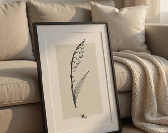 Impressão minimalista da flor de nascimento de maio | Arte de parede com lírio-do-vale para download digital | Decoração neutra para casa
