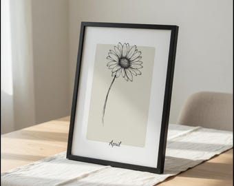 Impressão minimalista da flor de nascimento de abril | Arte de parede com margaridas para download digital | Decoração neutra para casa