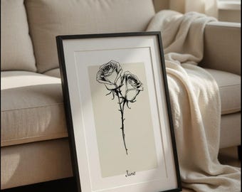 Impressão minimalista da flor de nascimento de junho | Arte de parede com rosas para download digital | Decoração neutra para casa