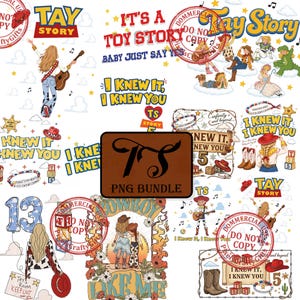 Op de afbeelding: Een digitaal ontwerppakket met Toy Story-thema's, inclusief personages zoals Woody, Jessie en Buzz Lightyear, cowboylaarzen, hoeden, gitaren en alfabetblokken, met tekstelementen zoals It's A Toy Story en I Knew It.